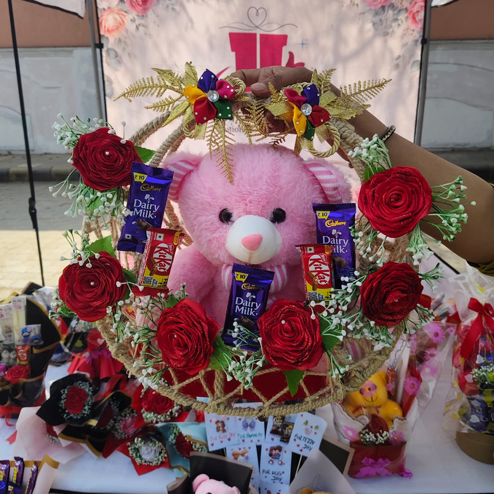 Pink Teddy Chocolate Rose Basket